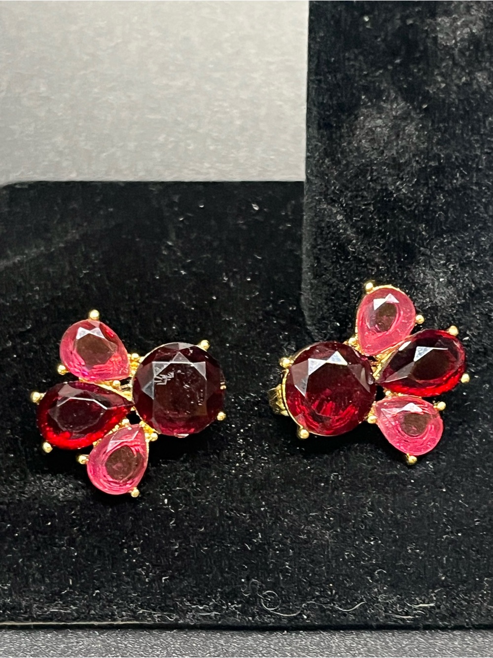 Vintage Red Pink Rhinestone Glass Clip On Earrings Gold Tone